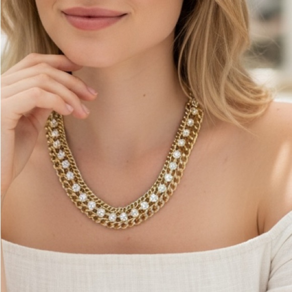 Vintage Multi-Row Rhinestone Gold Tone Bib Necklace